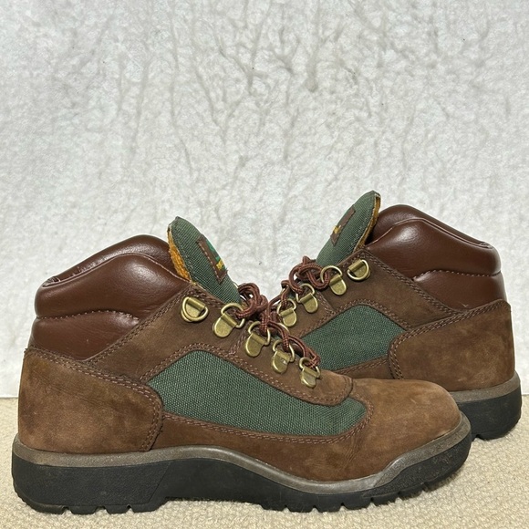 Timberland Boys Brown/Green Field Leather Waterproof Hiking Boots Shoes SZ 3.5 - Picture 6 of 12